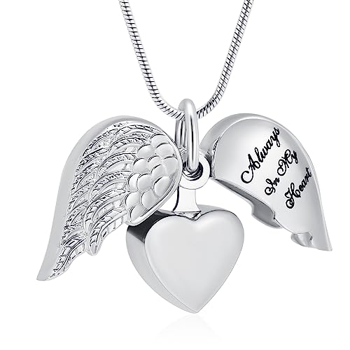 Cremation Jewelry Angel Wing Stainless Steel Heart Urn Necklaces for Ashes Memorial Keepsake Pendant for Women Men Silver