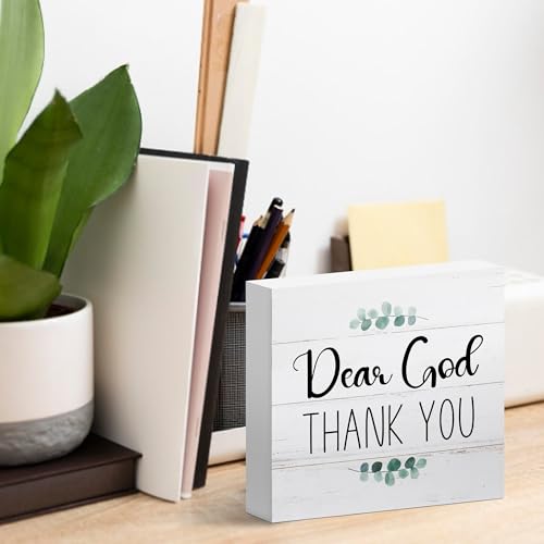 Religious Jesus Desk Decor for Living Room Shelf Table, Dear God Thank You, Wooden Sign 5x5 Inches Crimson