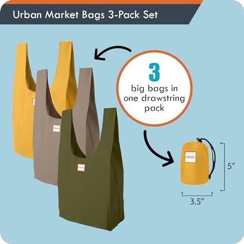 Urban Market Bags - Meadow - 3 Foldable Reusable Shopping Bags in 1 Compact Pouch, Luxury Quality, Recycled Fabric, Holds 50+ lbs, Machine Washable, Pouch Fits in Cupholder, Designed in California