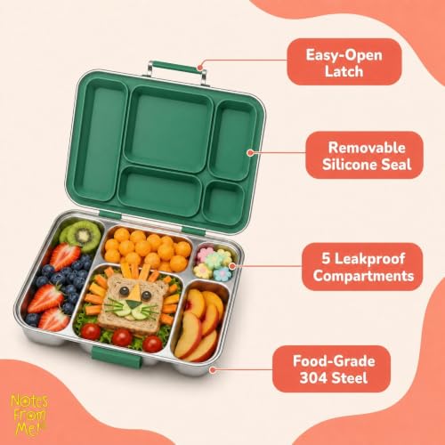 Stainless Steel Bento Lunch Box for Kids – 5 Leakproof Compartments, Food-Grade 304 Steel, Plastic-Free BPA-Free Kids Bento Box for School, Daycare & Travel - Green