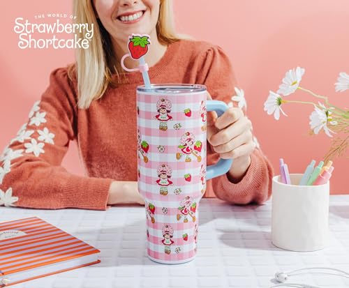 Silver Buffalo Strawberry Shortcake Pink Pattern Stainless Steel Travel Tumbler With Handle, Lid, and Reusable Straw | Holds 40 Ounces