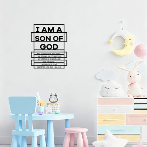 Metal Boy Room Wall Decor I Am a Son of God Wall Art Sign Christian Room Hanging Decor Motivational Bible Verse Decoration for Playroom Living Room Bathroom (Black) Black