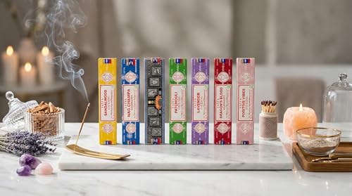 Satya Incense Gift Set Nag Champa, Super hit, Dragon's Blood, Sandalwood, Patchouli, Lavender, Positive Vibes, 15 g Scented