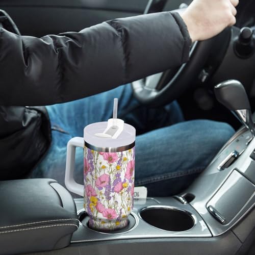 Farmhouse Wildflower Pink Poppy Tumbler with Handle and Straw Leak Proof Tumbler 2 in 1 Lid Insulated Water Bottle Tumblers Stainless Steel Cup Large Travel Mug Cups, Gifts for Women Man, 30oz Pink Poppy Flower 30 Ounces