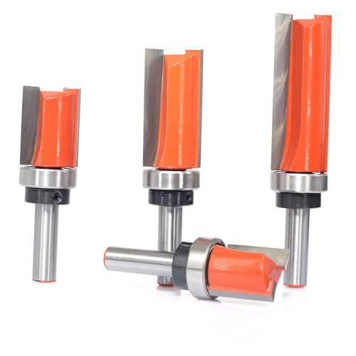 Flush Cutter Set of 4 HW, Diameter 19 mm, Shaft 8 mm, with Ball Bearing on Shaft | Four cutting lengths (20/25/38/50 mm) for precise flush milling, copying and template milling. Bündigfräser 4-tlg.
