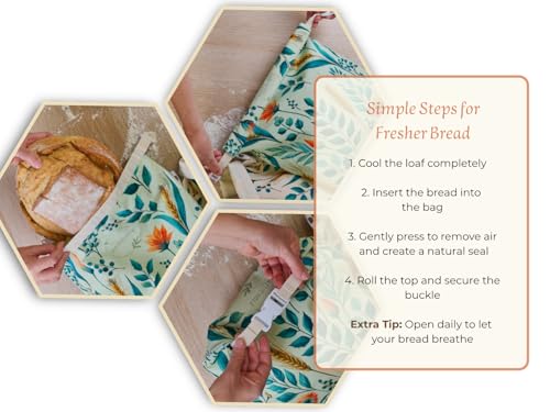 Beeswax Bread Bag for Homemade Bread & Beeswax Wrap Set Green and Peach Background with Floral Patterns