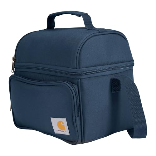 Carhartt insulated lunch box in navy with two compartments, durable fully-insulated design, perfect for carrying 12 cans
