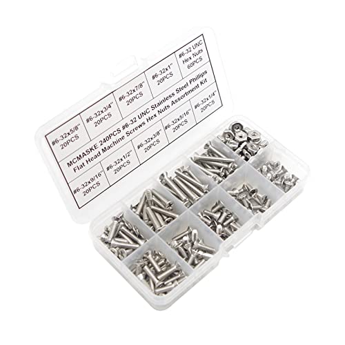 MCMASKE #6-32 UNC 304 stainless steel Phillips flat head machine screws and nuts assortment kit
