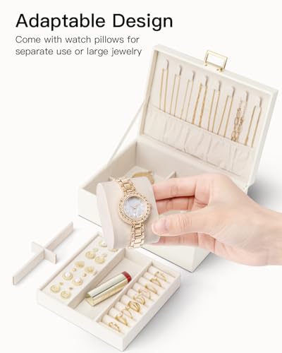 VLANDO Jewelry Box, 2-Layer Design with Tray and Watch Pillow,Cream White 01-Cream White-Watch Pillow