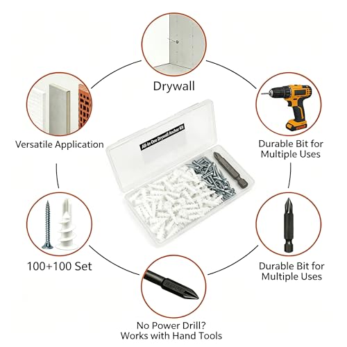 200Pcs Drywall Anchors and Screws Kit, 100Pcs Self-Drilling Plastic Wall Anchors with 100Pcs #8 Phillips Screws & PH2 Bit, Heavy Duty Anchors for Hanging Pictures, Shelves, Home Mounting 1.38 Inch