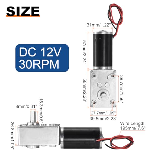 sourcing map DC 12V 30RPM Worm Geared Motor 8mm D Shaft Reduction Electric Motor Reducer High Torque Low Speed Mini Turbine Worm Motor With Wire
