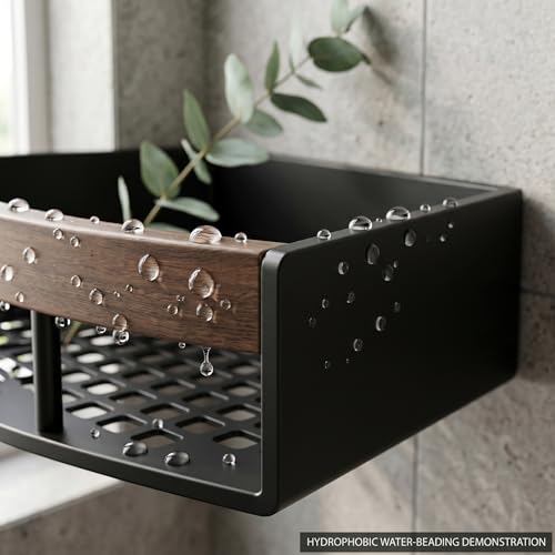 2-Pack Corner Shower Caddy with Walnut Wooden Shelf, Wall Mounted Bathroom Organizer, Matte Black Aluminum Alloy Storage Rack for Toilet, Dorm and Kitchen