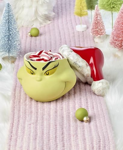 Lenox Dr. Seuss Grinch Christmas candy jar with lid, festive decorative food jar for holiday treats and canister storage.