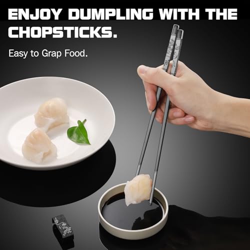 Dragon & Phoenix Stainless Steel Chopsticks Set - 4 Pairs 18/8 (304) Metal Chopsticks with Holder - Chinese Traditional Gift Set, Non-Slip, Dishwasher Safe, Elegant Black Gift Box Blcak