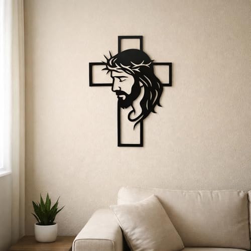 WNXURT Father’s Day Christian Gift, Jesus Cross Metal Wall Art, Religious Wall Sculpture, Christian Faith Decor for Home, Church, Prayer Room, Black, 12.59 x 9.84 Inch Black Jesus Cross