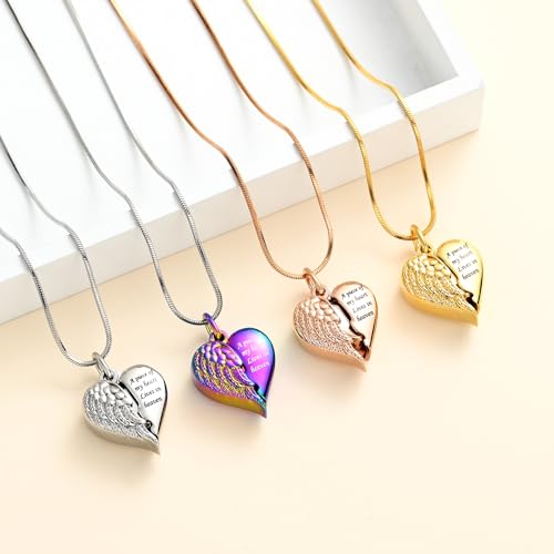 Minicremation Heart Urn Necklace Pendants for Ashes Angel Wings Cremation Jewelry for Women Men Keepsake Memorial Ash Jewelry Always in my Mind Forever in my Heart A Piece of - Silver