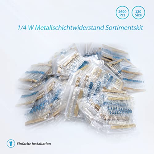 Resistor Combination Kit, 1 Ohm-3M Ohm, 1/4 Metal Film Resistor Kit (130 Value 2600 Pieces)