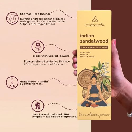 CALMVEDA, Indian Sandalwood Incense with Rosewood Incense Holder (80 Sticks +1 Holder) | Beautiful Natural Incense and Holder Combo for Home Decor and Spiritual Practice
