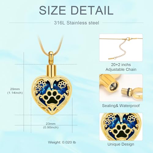 Heart Urn Necklace For Ashes Birthstone Pet Memorial Jewelry Dog Paw Print Cremation Pendant Stainless Steel Keepsake Gift For Pet Lovers Gold blue