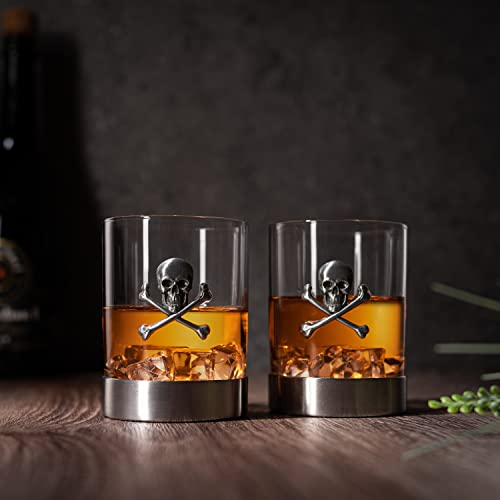 Skull & Skeleton Crossbones Pewter Whiskey & Wine Drinking Glasses - 11oz Set of 2 - Water, Rum, Brandy & Scotch Glass, Elegant, Skeleton Crystal Cup, Gifts for Men & Women, Old Fashioned Glass Skull Pewter