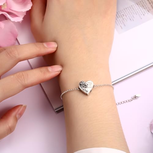 APOTIE Sterling Silver Urn Bracelet for Ashes 925 Ash Keepsake Memorial Locket Cremation Jewelry Sympathy Gifts for Women Loss Loved Ones (Rose Wing Heart Urn Bracelet)