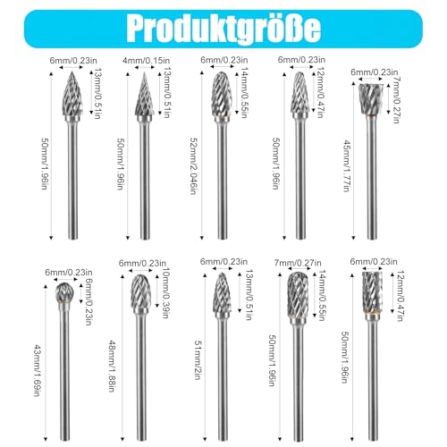 10-Piece Carbide Burr Set, Rotary Cutter Set | Tungsten Carbide Cutter with Double Cut, End Mill with 1/8 Inch Shank Drill Bit for Grinder, DIY Woodworking