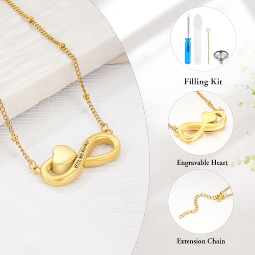 XIUDA Infinity Cremation Jewelry Heart Urn Necklace for Ashes Stainless Steel Urn Pendant Memorial Ashes Necklace for Women Men Gold