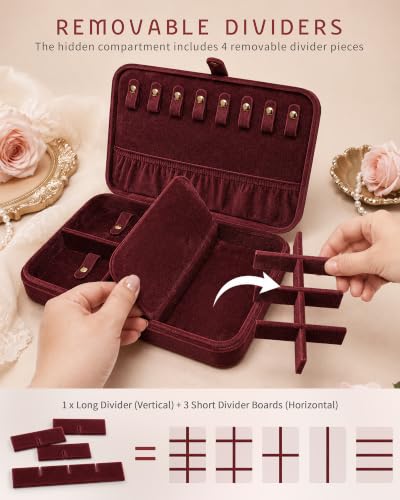 VELORIA Velvet Travel Jewelry Organizer with Hidden Compartment, Dark Red Dark Red Velvet