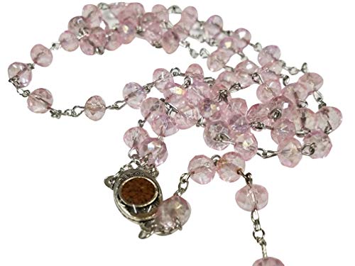 LION OF JUDAH MARKET Catholic Light Pink 10mm Crystal Beads Rosary Holy Soil Medal & Silver Crucifix