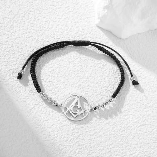 Masonic Bracelet Compass Freemasonry Symbol Bangles Master Seals Prime Amulet Masonic Membership Religious Jewelry Celtic Punk Gift for Men Women silver-black