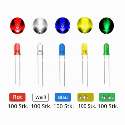 AUKENIEN Pack of 500 3 mm LED Diodes Light Diode Assortment Kit Round Head 2 Pin LED Light Diffuse Diodes Set 5 Colours Red Blue Yellow Green White (100 Pieces Each Colour) 3MM LED Dioden - 5 Farben