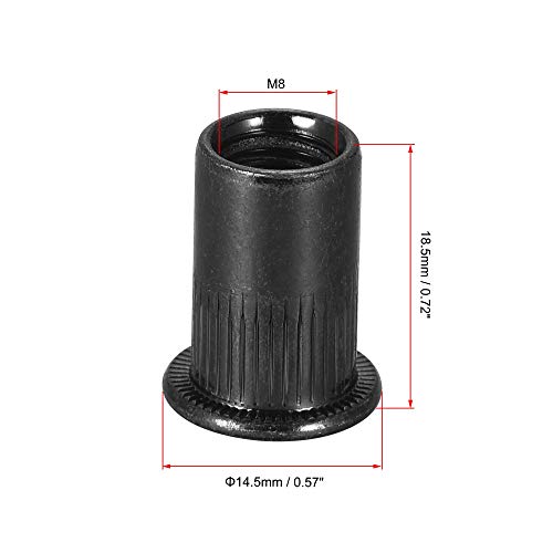 uxcell M8 black zinc-plated carbon steel knurled flat head rivet nuts, 100-piece threaded insert set