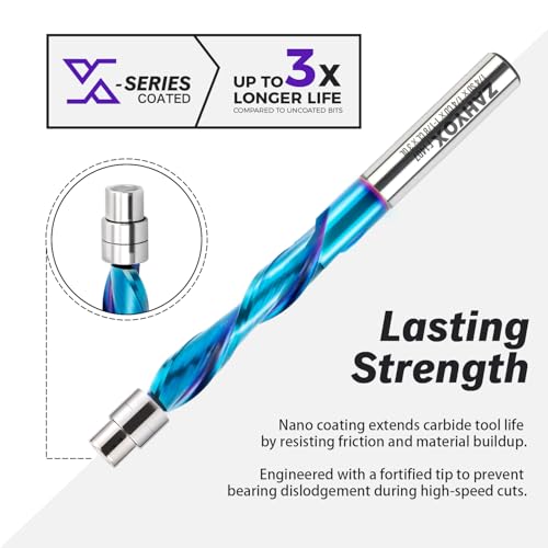 ZahyoX downcut flush trim router bit with NACO coating, double bearing, 1/4-inch shank, pack of 3