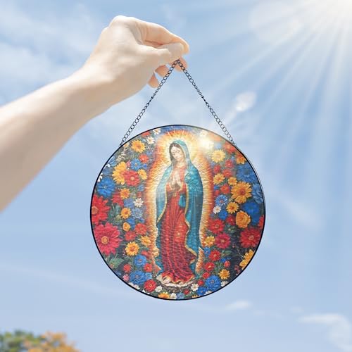 FLAGWIX Our Lady of Guadalupe Stained Glass Suncatcher, 8 in Red & Blue - Mother Mary