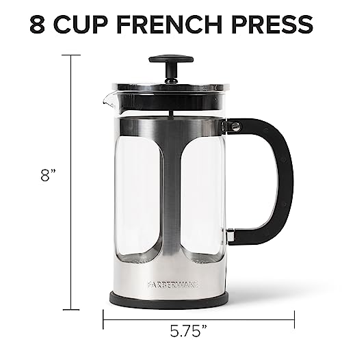 Farberware French Press Coffee Maker, Tea & Espresso Maker, Stainless Steel Cold Brew Press, Heat-Resistant Borosilicate Glass, BPA-Free, Measuring Spoon Included, 8 Cup Capacity (Stainless)