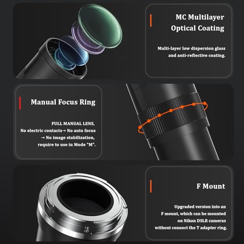 BENOISON Telephoto Lens F Lens for Nikon, 420-800mm for Nikon DSLR, Manual Focus MF Zoom Lens for Nikon D3500 D850 D7500 D5600 D3400 D500 D7200 D5500 D750 D810 D3300 D5300 D610 D7100 D5200 etc For Nikon F (D-series)