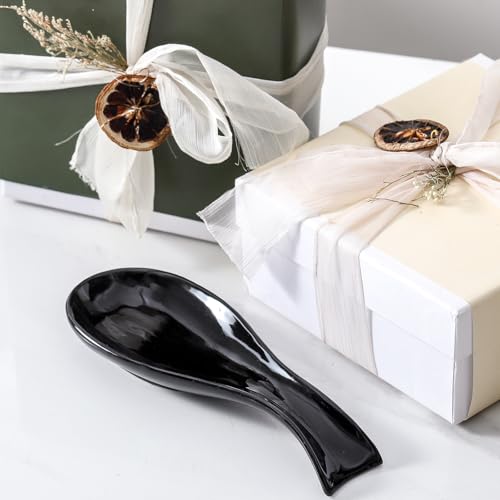 Ceramic Spoon Rest for Stove Top, Large 8.7 Inch Spoon Holder for Kitchen Counter, Porcelain Utensil Rest for Ladle, Spatula, Housewarming Gift, Dishwasher Safe and Heat-Resistant, Black, Set of 2
