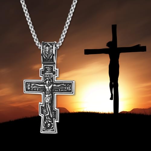 Flonge Vintage Orthodox Cross Necklace: Eastern Orthodox Cross Necklace Stainless Steel Cross Pendant Crucifix Necklaces silver