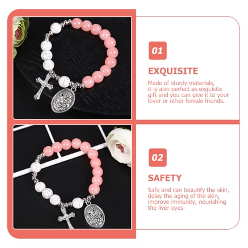 Ipetboom Pink and White Beaded Cross Bracelet for Women Religious Rosary Jewelry Strand Bracelet