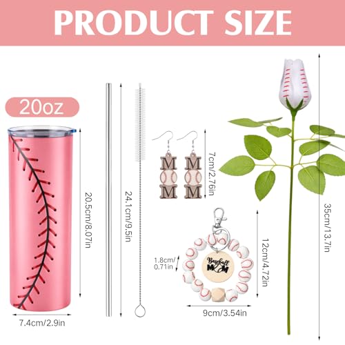 Sieral 6 Pcs Baseball Mom Gifts Set Include Baseball Tote Bags Stainless Steel Tumbler Cups Hat Keychain Earring Rose Flower Sport Mom Essentials for Birthday Sports Lover Women Party Favors(Pink) Pink