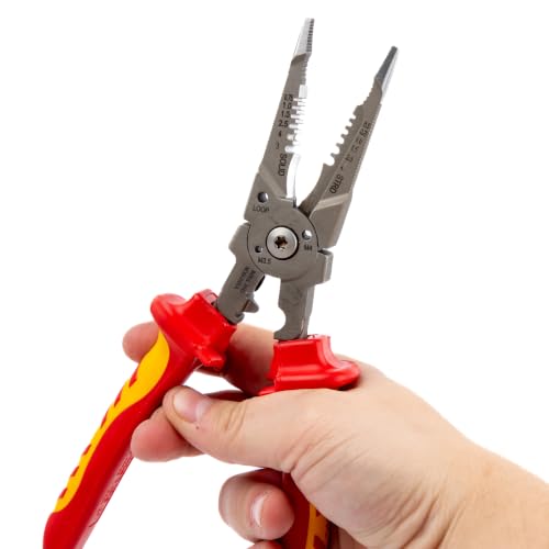 C.K Tools VDE Multifunctional Pliers 7-in-1 for Electricians with Long Nose 210 mm | Six stripping notches for flexible and solid conductors, M3.5/M4 shear points, crimping zone for terminals, deburring 10-22mm