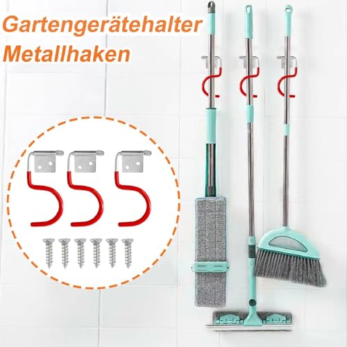 Garden Tool Holder Metal Hooks, Pack of 15 Red Hooks Broom Holder Tool Holder with 30 Pieces Screws, Garden Tools Hanging with Non-Slip Rubber Coating, for Garages, Basements, Tool Shed 15 PACK