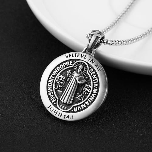 HZMAN Saint Benedict Medal Necklace for Men, Stainless Steel Vintage Matte Religious Pendant, 22"+2" Adjustable Chain Christian Faith Protection Jewelry for Men