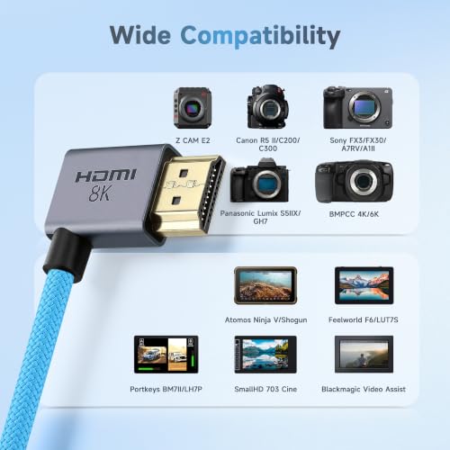 Uonecn Right Angle HDMI 2.1 Cable for Camera, 48Gbps 8K Braided Coiled HDMI for Atomos Ninja V, Portkeys BM5, Short HDMI Cable for Sony A7iv, Z-CAM F6, Z-Cam E2 Pro Cameras, Blue, Left to Right Left Angle to Right Angle