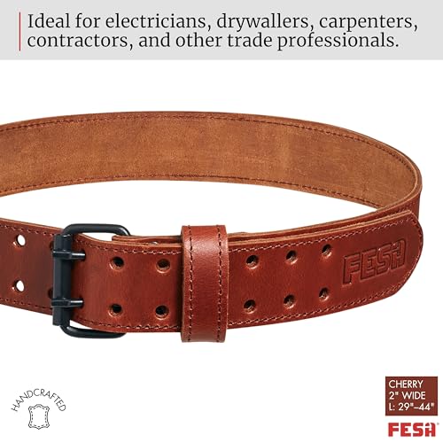 FESA men's cherry top grain leather tool belt with tool pouch, 2-inch wide, size L