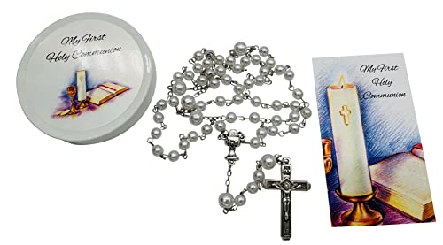 Westmon Works First Communion Rosary White Glass Bead with Metal Chalice Centerpiece and Crucifix Catholic Deluxe Set with Case for Male and Females