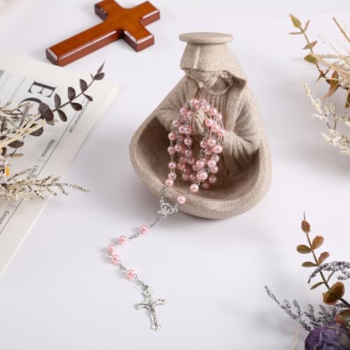 Booson Virgin Mary Statue Catholic Gifts for Women Our Lady of Grace Statue Keepsake Rosary Holder with Pink Rosary Beads 5.5" Blessed Mother Statues Resin Relic Religious Home Decor (Sandstone) Sandstone