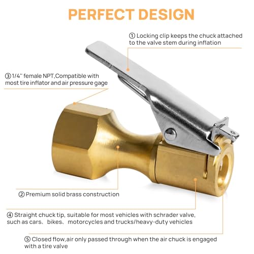 MACHSWON 2 Pcs Air Chuck Brass Tire Chuck 1/4" NPT(Male) Heavy Duty Closed Flow Lock N Flate Air Chuck with Clip for Most Vehicles with Schrader Valve