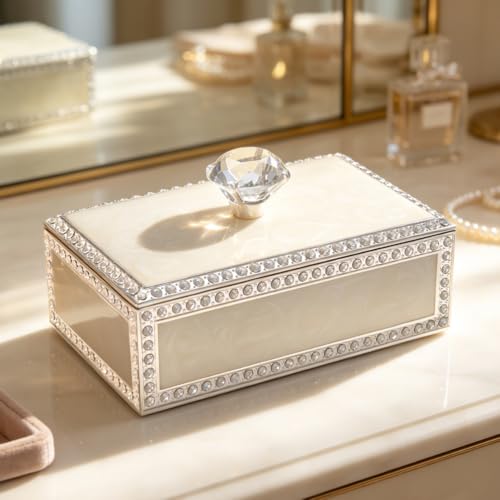 Diamond Crystal Jewelry Storage Box for Rings Earrings Necklace Treasure Chest Organizer Jewelry Keepsake Gift Box Case for Girl Women (Diamond Rectangle Silver Plating) Large Diamond