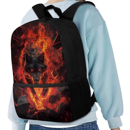 JEOCODY Kids Backpack Set 4 Piece School Bag with Lunch Bag Pencil Case Water Bottle Holder for Boys and Girls Cool Fire Wolf Printedd